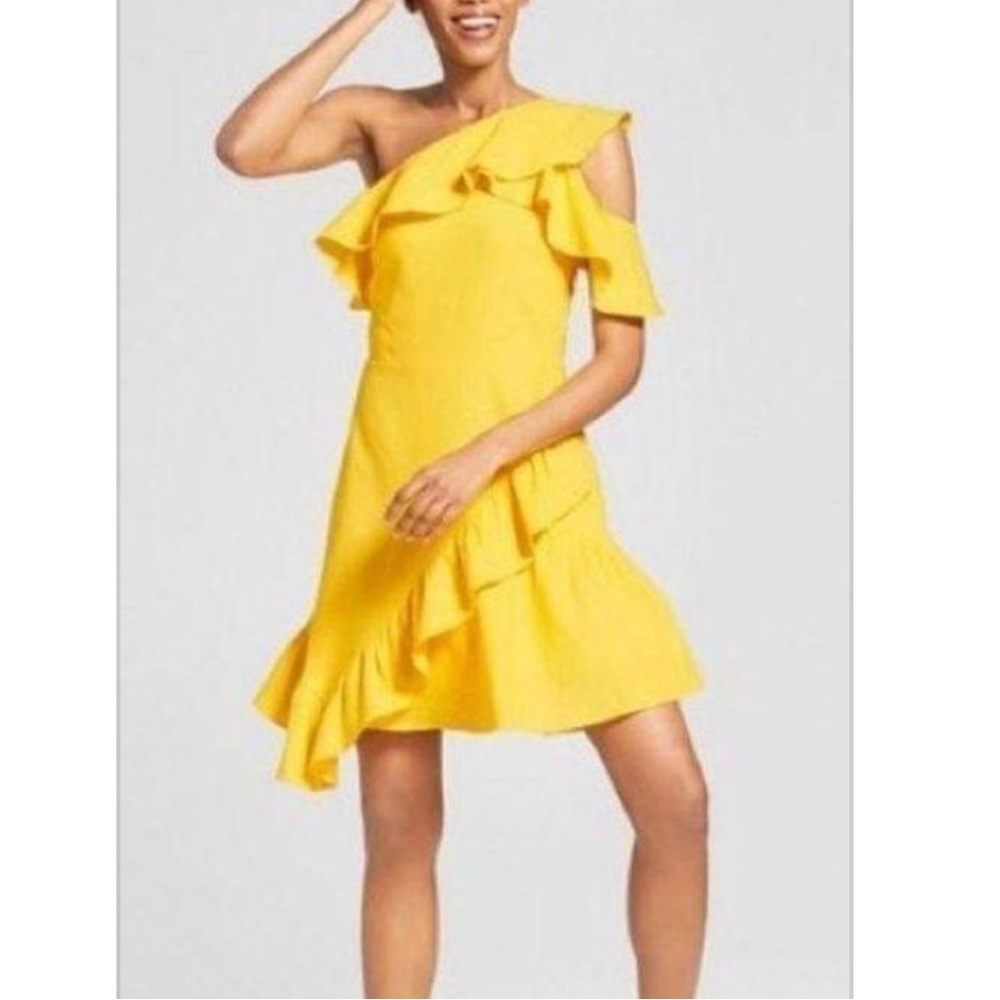 A New Day Yellow One Shoulder Ruffle Dress NWOT Linen Blend Asymmetrical Size 12